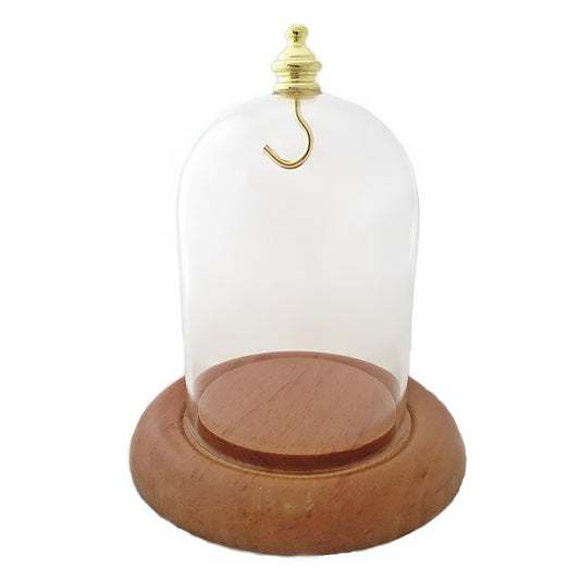 Pocket Watch Glass Display Dome Cloche Oak Wood Base & Brass (Gold) Hook 3"x4"