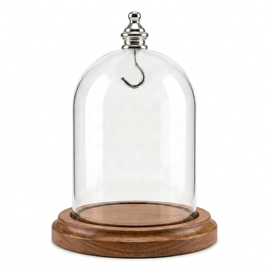 Pocket Watch Glass Display Dome Cloche Real Walnut Wood Base & Silver Hook 3"x4"