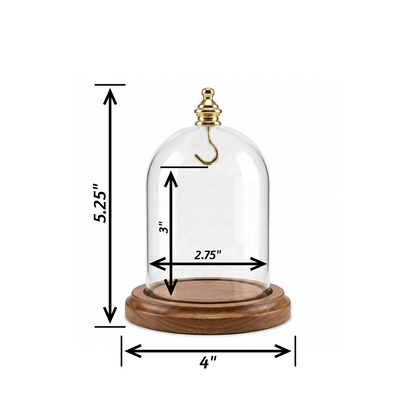 Pocket Watch Glass Display Dome Cloche Real Walnut Wood Base & Silver Hook 3"x4"