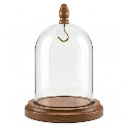 Pocket Watch Glass Display Dome Cloche Real Walnut Wood Base & Silver Hook 3"x4"