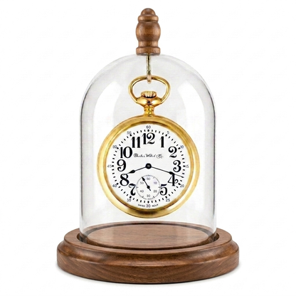 Pocket Watch Glass Display Dome Cloche Real Walnut Wood Base & Silver Hook 3"x4"