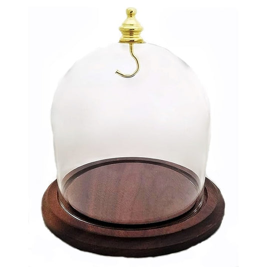 Pocket Watch Glass Display Dome Cloche Real Walnut Wood Base & Gold Brass Hook 4"x4"