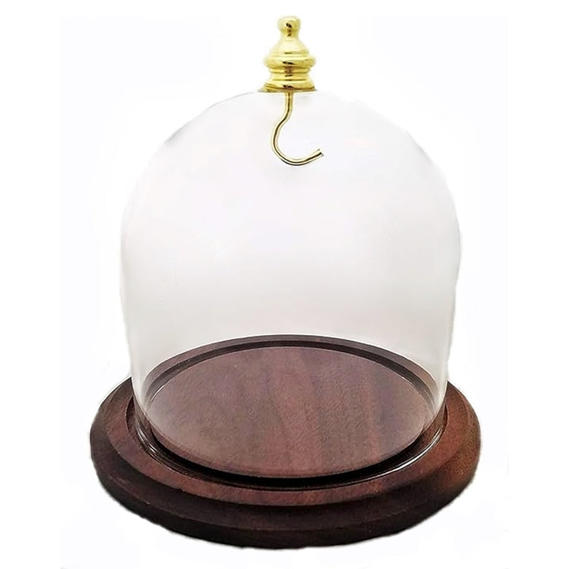 Pocket Watch Glass Display Dome Cloche Real Walnut Wood Base & Gold Brass Hook 4"x4"