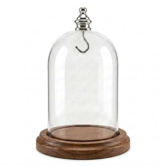 Pocket Watch Glass Display Dome Cloche Real Walnut Wood Base & Silver/Chrome Metal Hook 3"x4-1/2"