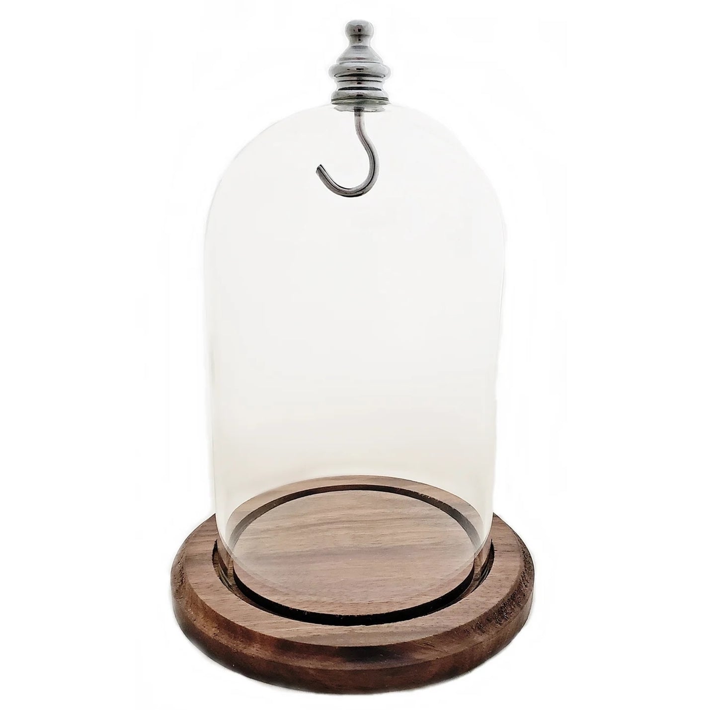 Pocket watch glass display dome cloche real walnut wood base and silver/chrome metal hook 3"x4-1/2", front view.