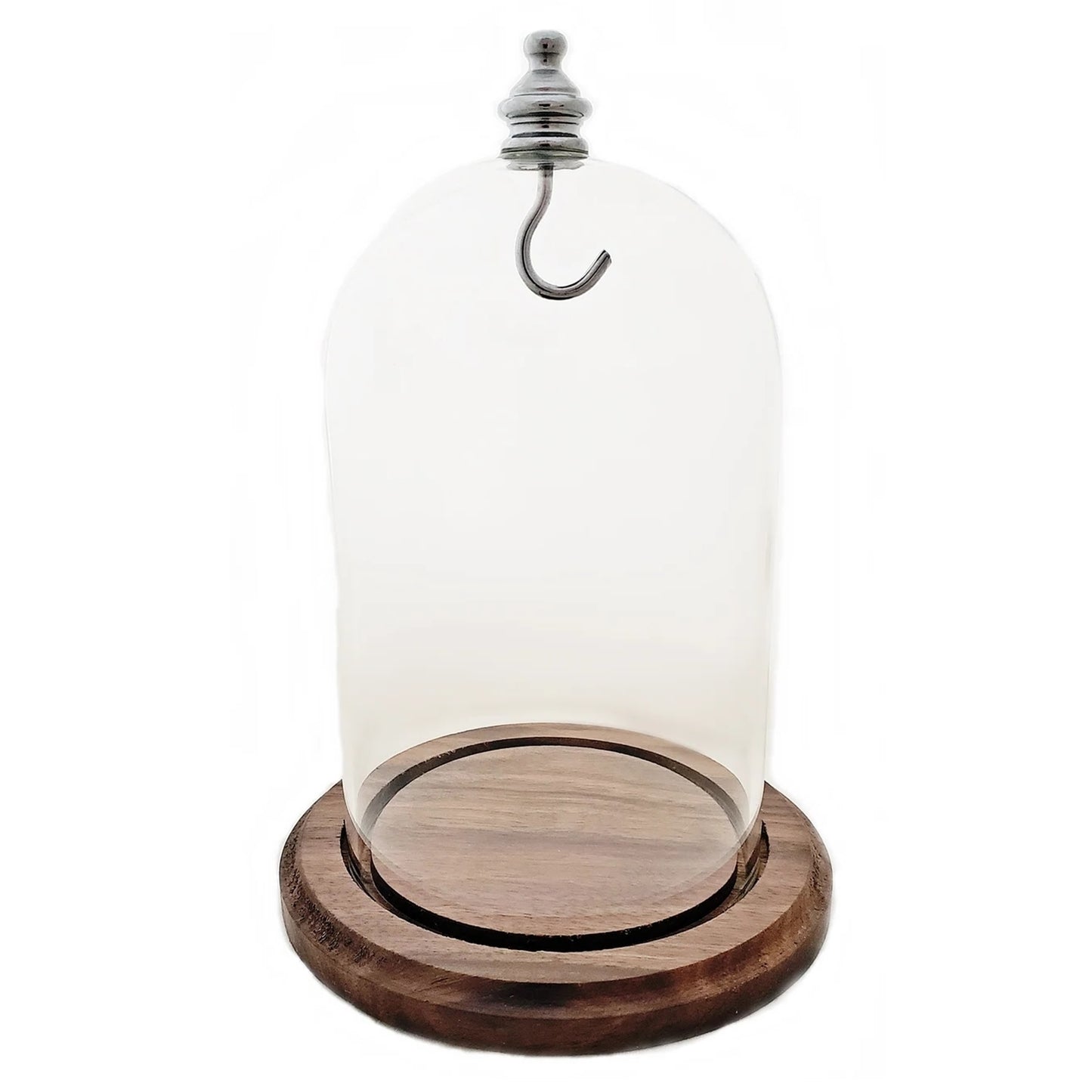 Pocket watch glass display dome cloche real walnut wood base and silver/chrome metal hook 3"x4-1/2", back view.