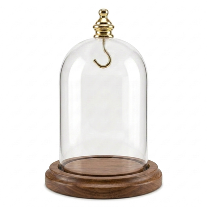 Pocket Watch Glass Display Dome Cloche Real Walnut Wood Base & Gold Brass Hook 3"x4-1/2"
