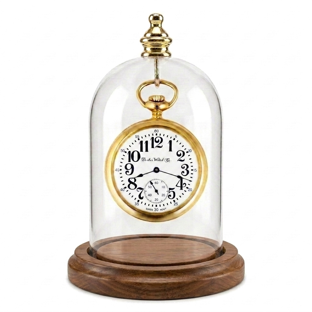 Pocket Watch Glass Display Dome Cloche Real Walnut Wood Base & Gold Brass Hook 3"x4-1/2"