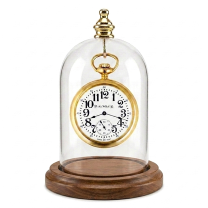 Pocket Watch Glass Display Dome Cloche Real Walnut Wood Base & Gold Brass Hook 3"x4-1/2"