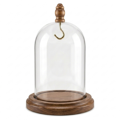 Pocket Watch Glass Display Dome Cloche Real Walnut Wood Base & Silver Hook 3"x4"