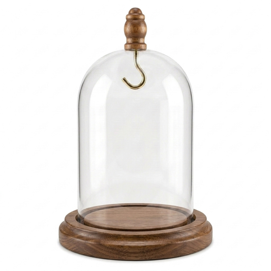 Pocket Watch Glass Display Dome Cloche Real Walnut Wood Base & Wood Knob 3"x4-1/2"