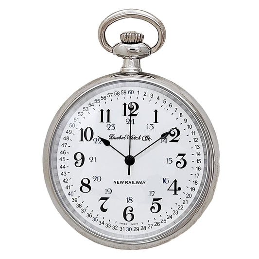 Dueber New Railway Swiss quartz movement pocket watch, railroad style dial, front view.