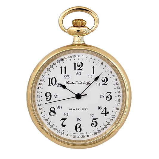 Dueber New Railway gold case, Swiss Quartz movement, railroad style dial, front view.