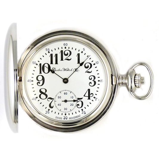 Dueber Model 25 pocket watch with Swiss made mechanical movement, chrome plated steel case, front view.