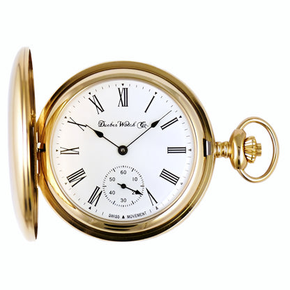 Dueber Model 28 pocket watch with Swiss made mechanical movement, gold plated steel case, front view.