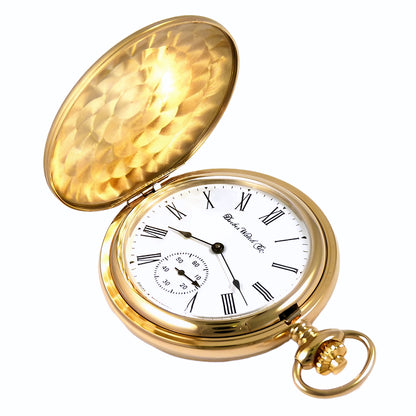 Dueber Model 28 pocket watch with Swiss made mechanical movement, gold plated steel case, above view.