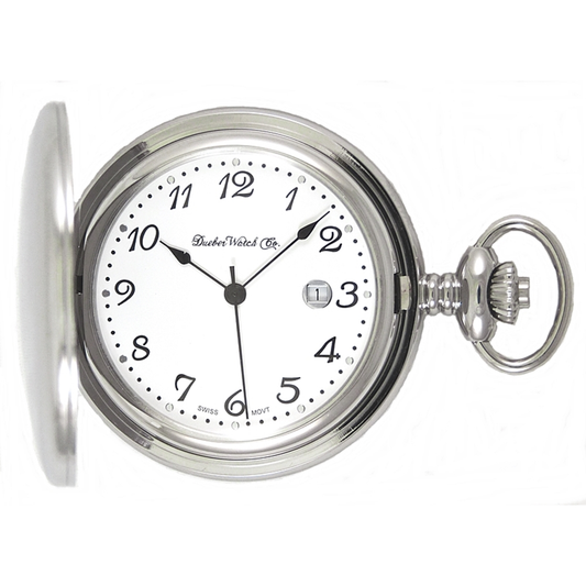 Dueber pocket watch, Swiss made movement, high polished chrome plated steel case, front view.