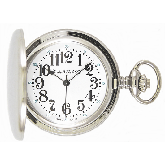 Dueber 332-310 Pocket Watch, Swiss Made Movement, Chrome Plated Steel Case with Locomotive