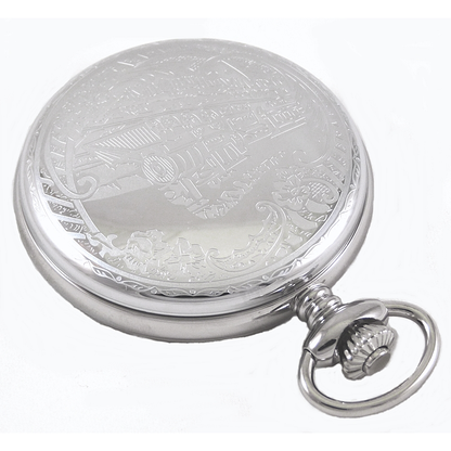 Dueber 332-310 Pocket Watch, Swiss Made Movement, Chrome Plated Steel Case with Locomotive