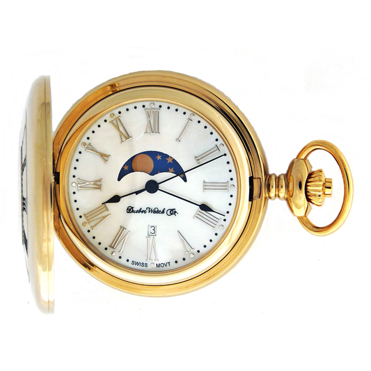 Dueber pocket watch, genuine Mother of Pearl Dial, with moon phase, gold plated steel case, front view.