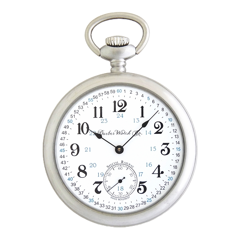 Dueber pocket watch, Swiss mechanical movement “Special Railway” 24 Hour Montgomery Dial, front view.