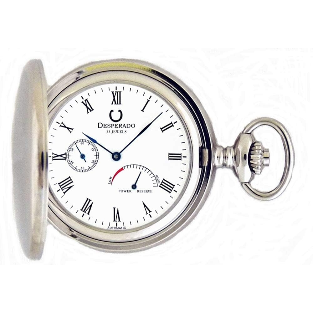 Desperado 33 jewel automatic pocket watch with power reserve indicator, front view.