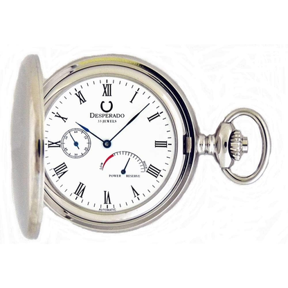 Desperado 33 jewel automatic pocket watch with power reserve indicator, front view.