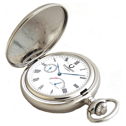 Desperado 33 jewel automatic pocket watch with power reserve indicator, above view.