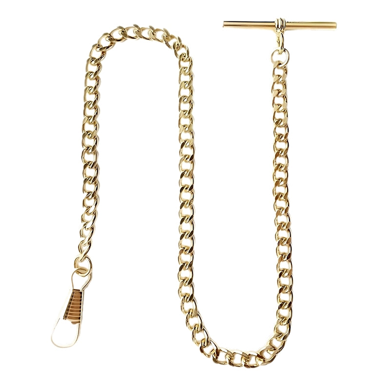 Desperado gold plated albert vest t-bar pocket watch chain, front view.