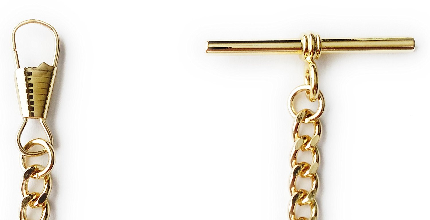 Desperado gold plated albert vest t-bar pocket watch chain, clasp view.