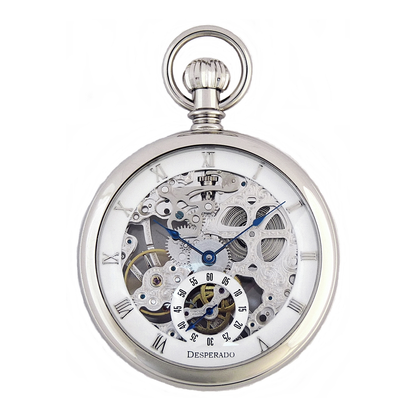 Desperado Golden Gate wind up pocket watch high grade skeletonized movement, front view.