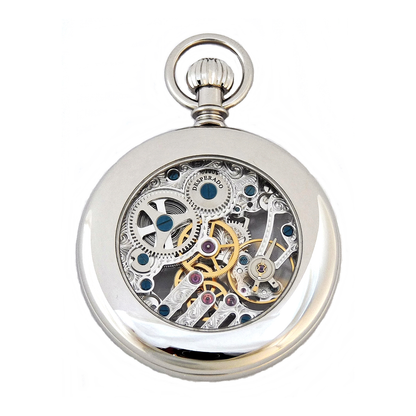 Desperado Golden Gate wind up pocket watch high grade skeletonized movement, back view.