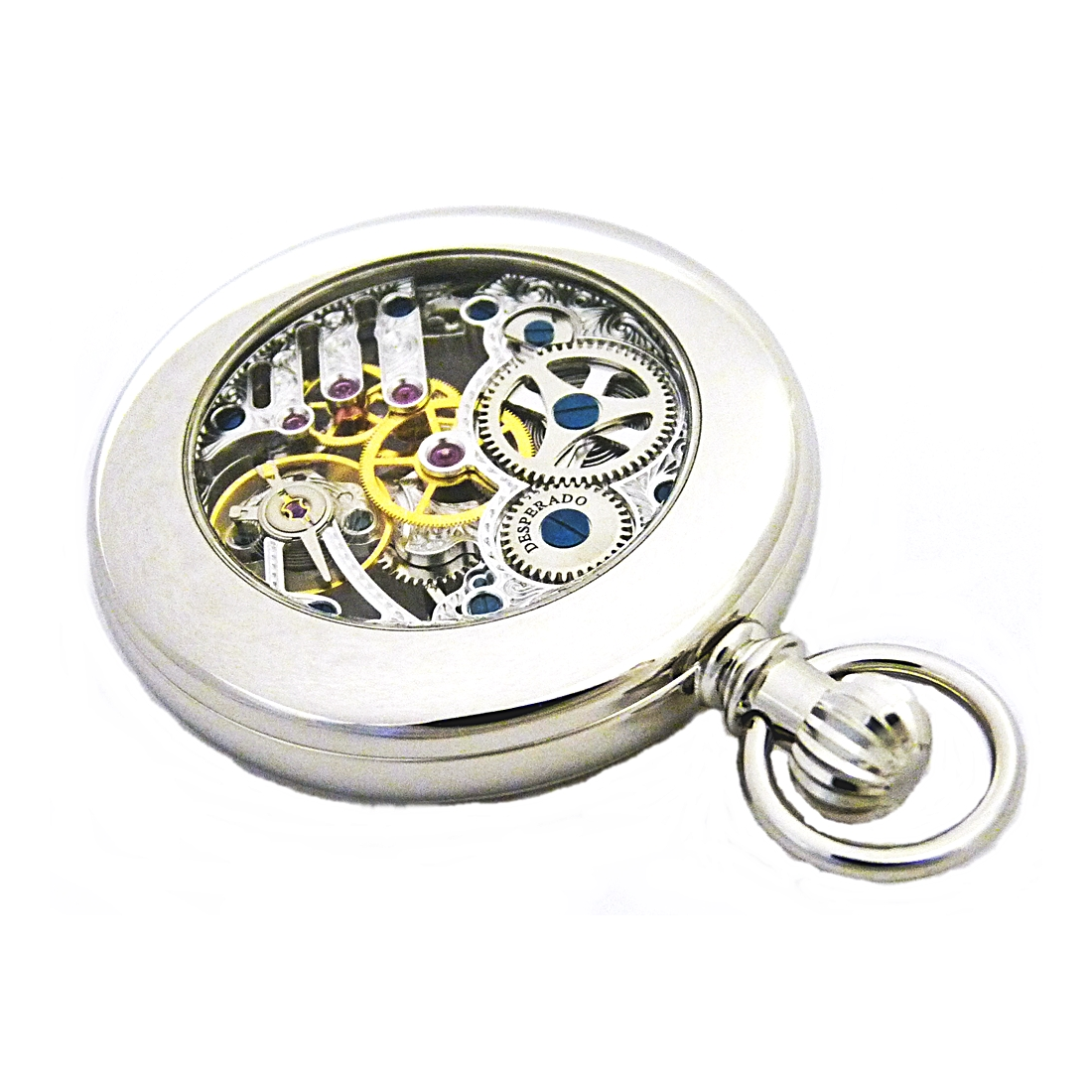 Desperado Golden Gate wind up pocket watch high grade skeletonized movement, above back view.