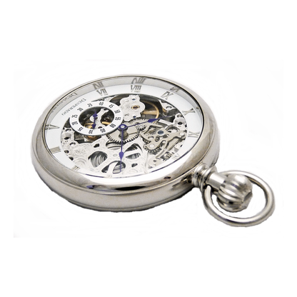 Desperado Golden Gate wind up pocket watch high grade skeletonized movement, above front view.