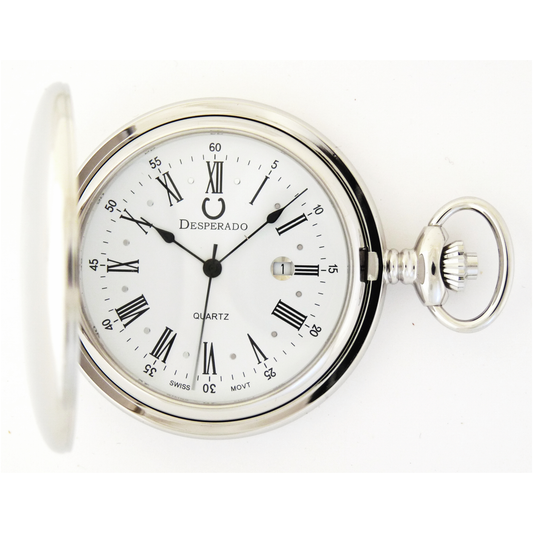 Desperado Jefferson chrome plated Swiss quartz pocket watch, front view.