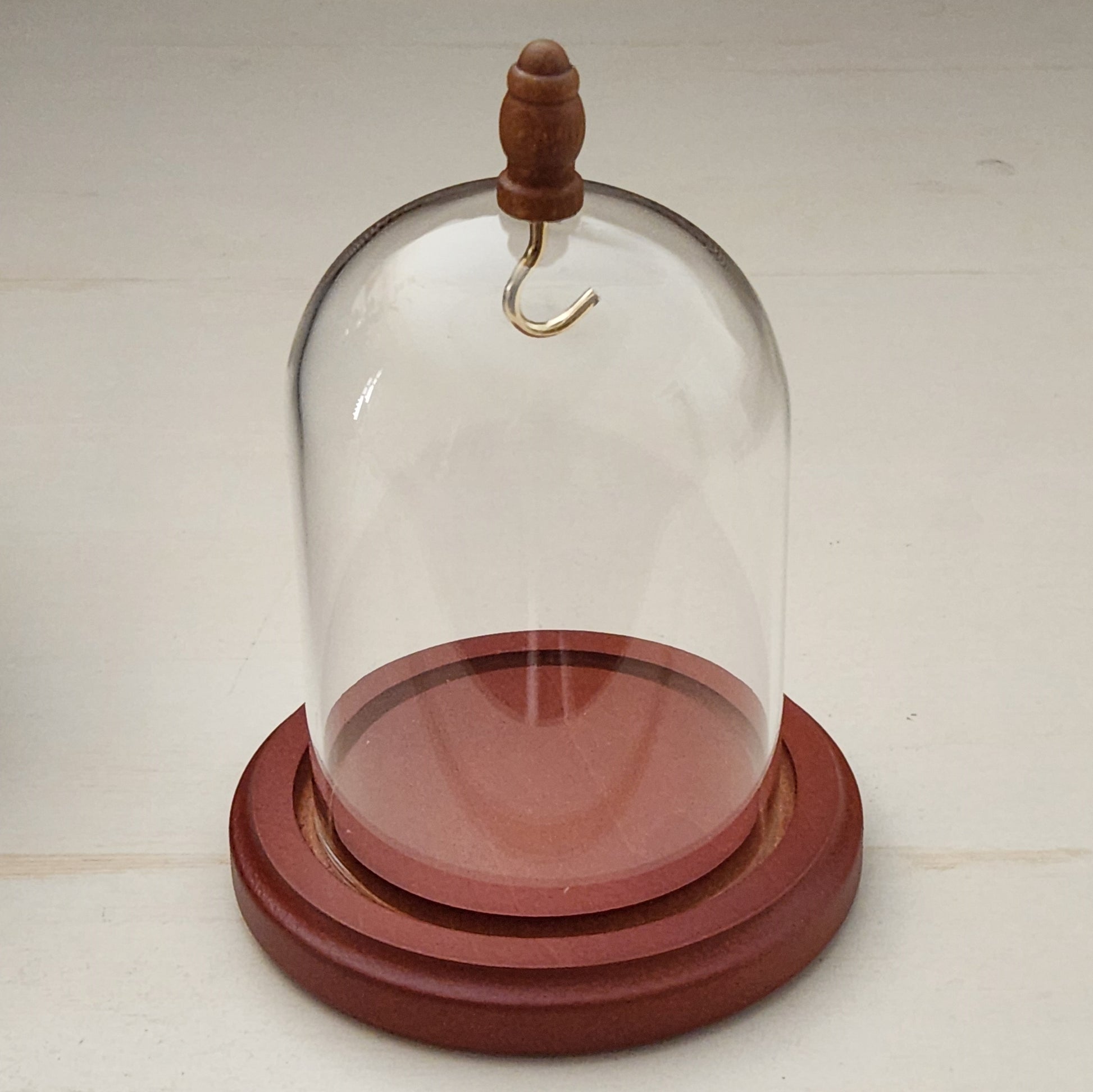 Pocket watch glass display dome cloche wood knob and hook walnut stained base 3"x4", back view.