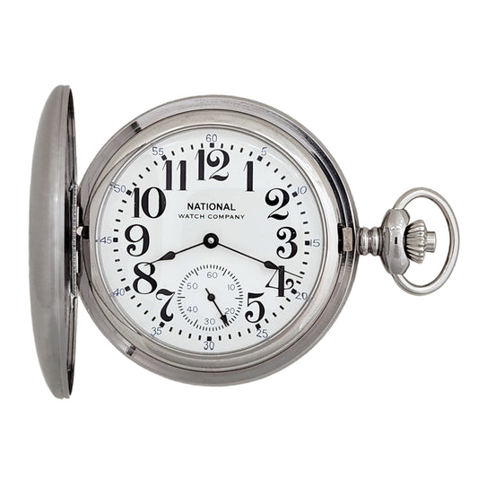 National Pocket Watch with Arabic Numerals, 17 Jewel Wind Up Mechanical Movement, Chrome Plated Steel Hunting Case