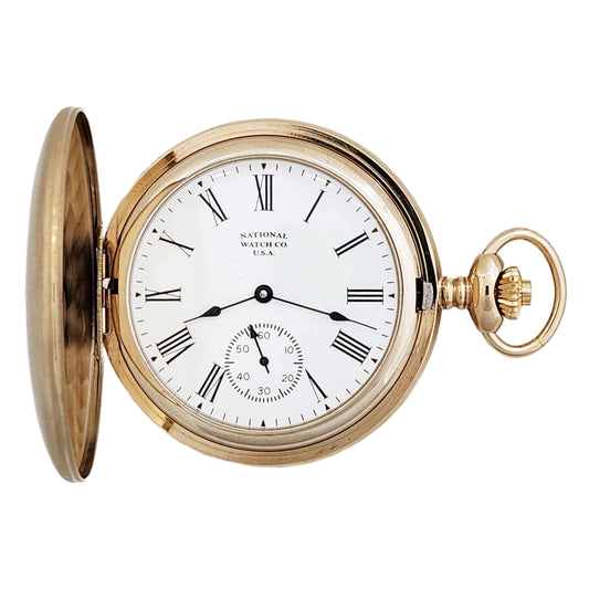 National Pocket Watch with 17 jewel wind up mechanical movement, gold plated steel hunting case, front view.
