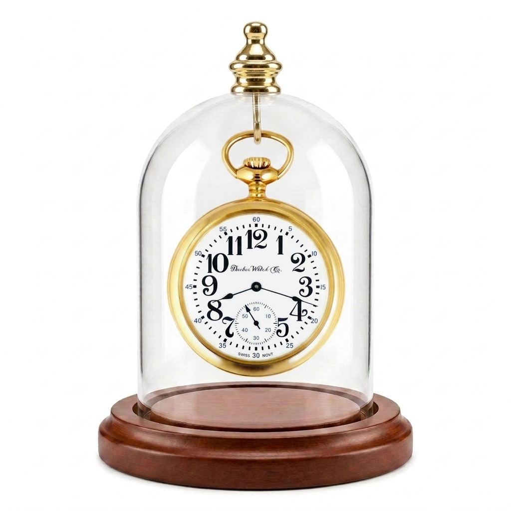 Pocket watch glass display dome cloche gold knob and hook walnut stained base 3"x4", front view.