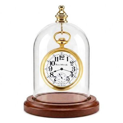Pocket watch glass display dome cloche gold knob and hook walnut stained base 3"x4", front view.
