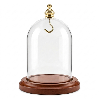 Pocket watch glass display dome cloche gold knob and hook walnut stained base 3"x4", front view.
