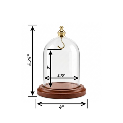 Pocket watch glass display dome cloche gold knob and hook walnut stained base 3"x4", front view.