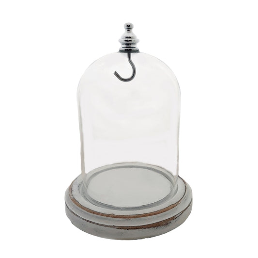 Pocket watch glass display dome cloche silver knob with hook and distressed white base 3"x4", front view.