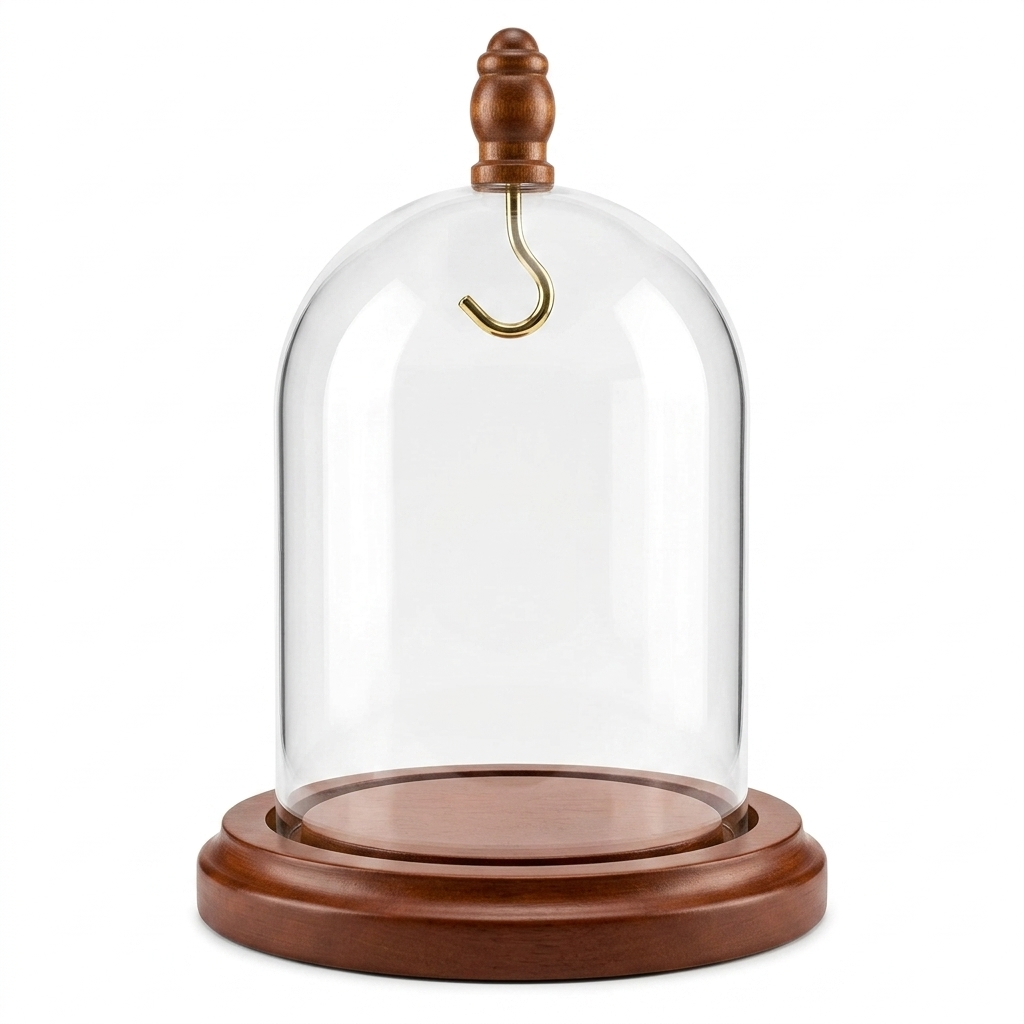 Pocket watch glass display dome cloche wood knob and hook walnut stained base 3"x4"