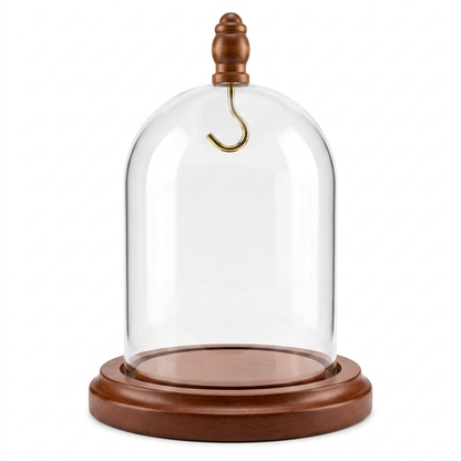 Pocket watch glass display dome cloche wood knob and hook walnut stained base 3"x4"