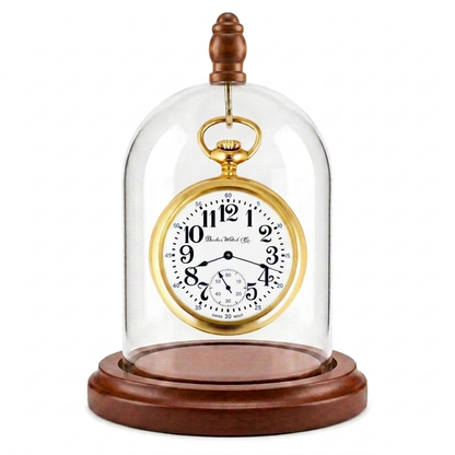 Pocket watch glass display dome cloche wood knob and hook walnut stained base 3"x4"