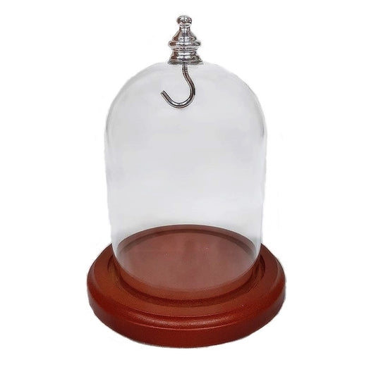 Pocket watch glass display dome cloche silver knob and hook walnut stained base 3"x4", front view.