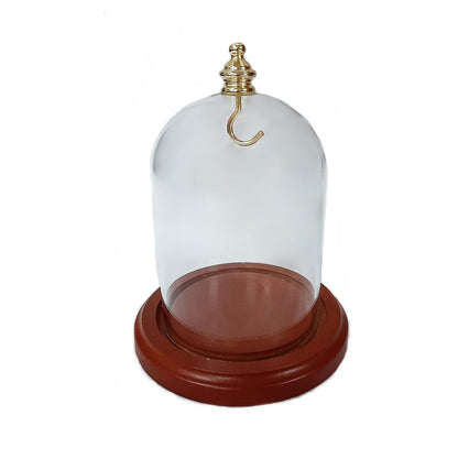 Pocket watch glass display dome cloche gold knob and hook walnut stained base 3"x4", back view.